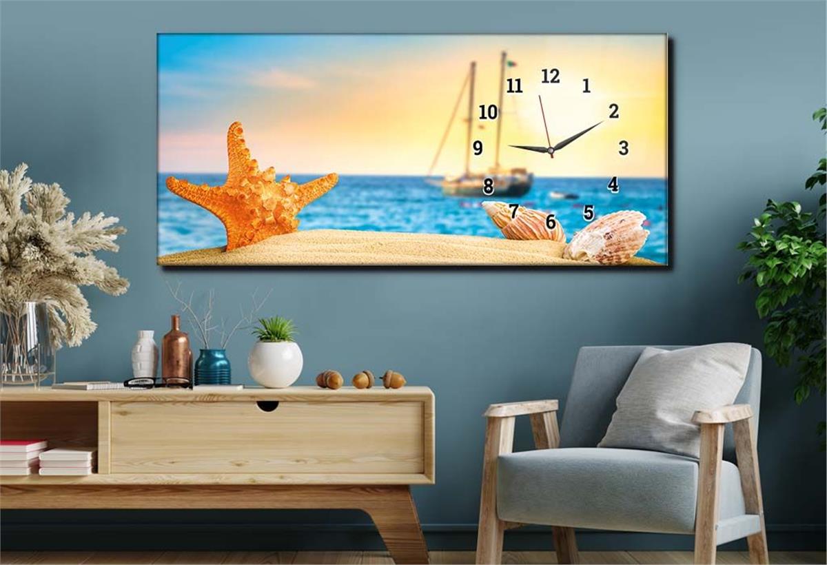 Beach Starfish, Seashell and Sailboat Side-Clock, Art And Nature-Themed Horizontal Glass Wall Painting 235