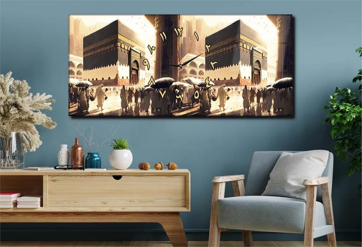 Yatay Ortadan Saatli  Dini Temalı Cam Tablo 113