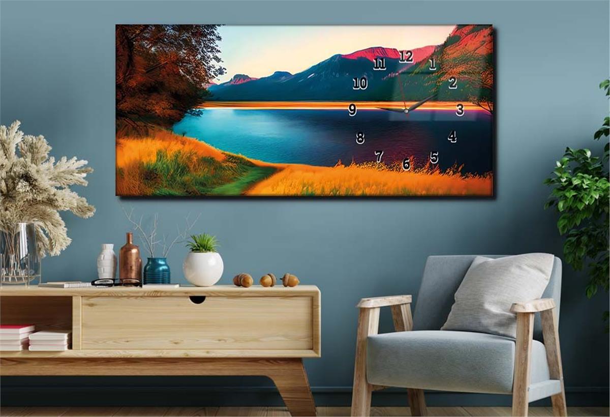 Yatay Saatli Yandan Sanat ve Doğa Temalı Cam Tablo 177