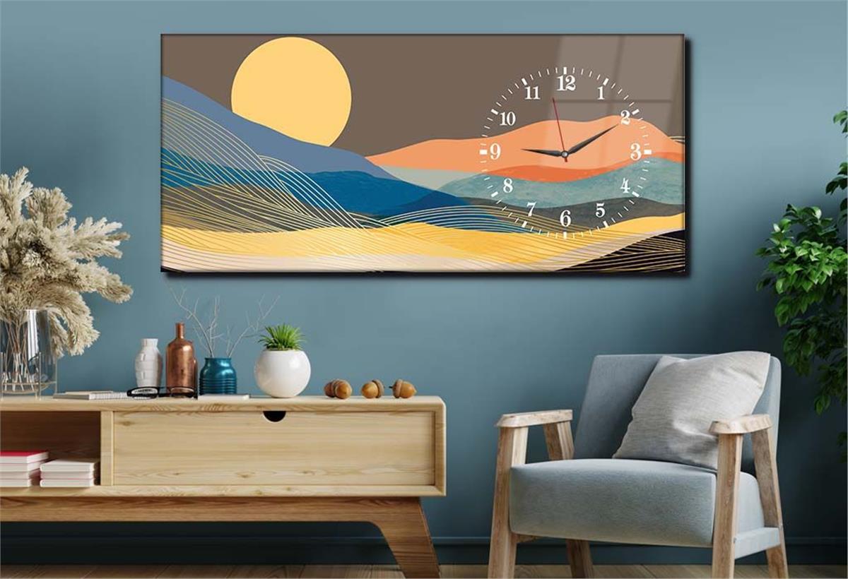 Yatay Saatli Yandan Sanat ve Doğa Temalı Cam Tablo 081