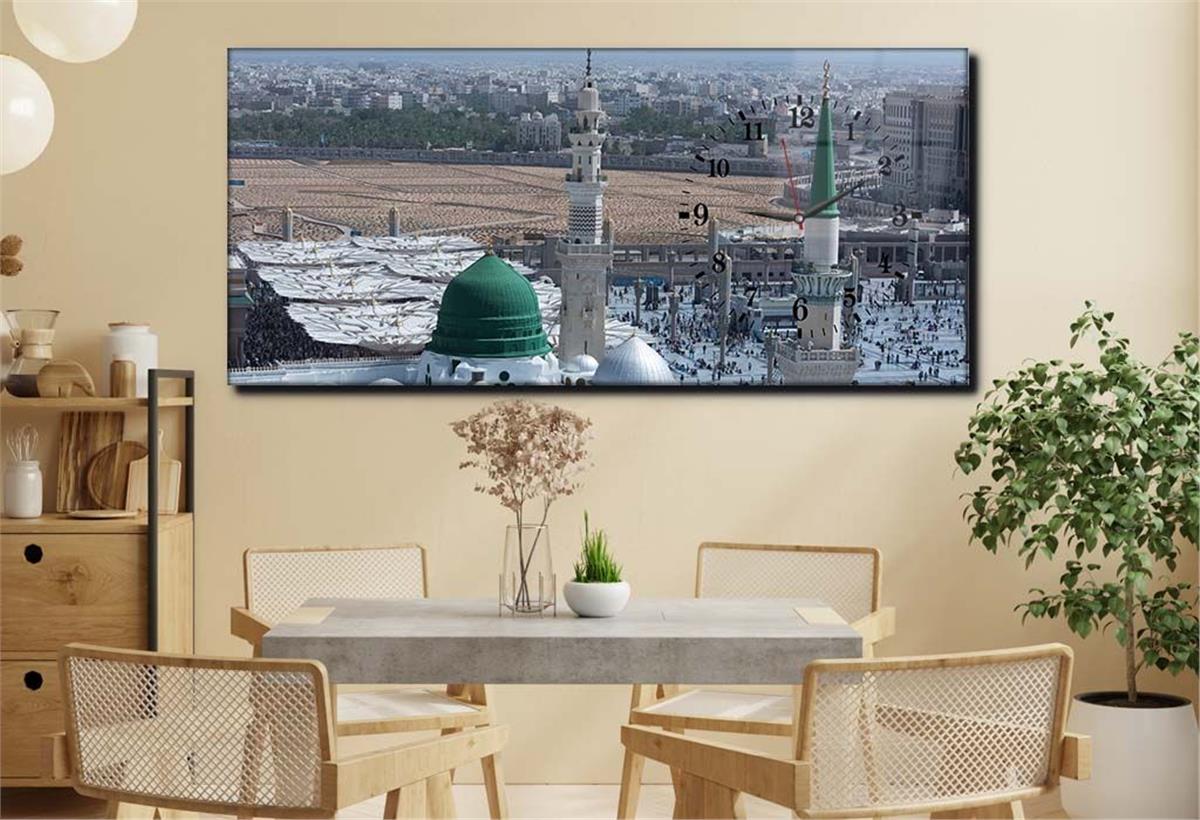 Horizontal bedrucktes Glas mit Religionenthema und einer Uhr an der Seite 024