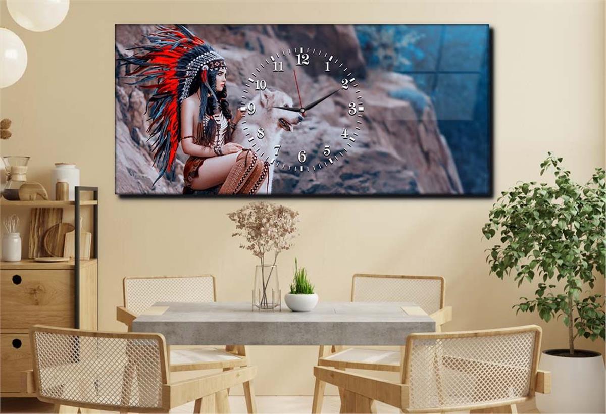 Horizontal bedrucktes Glas mit Kunst- und Naturthema und einer Uhr in der Mitte 040