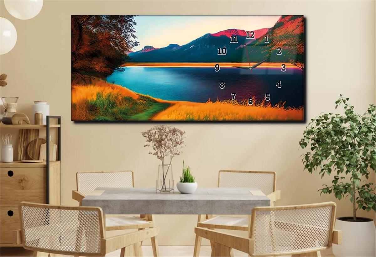 Yatay Saatli Yandan Sanat ve Doğa Temalı Cam Tablo 177