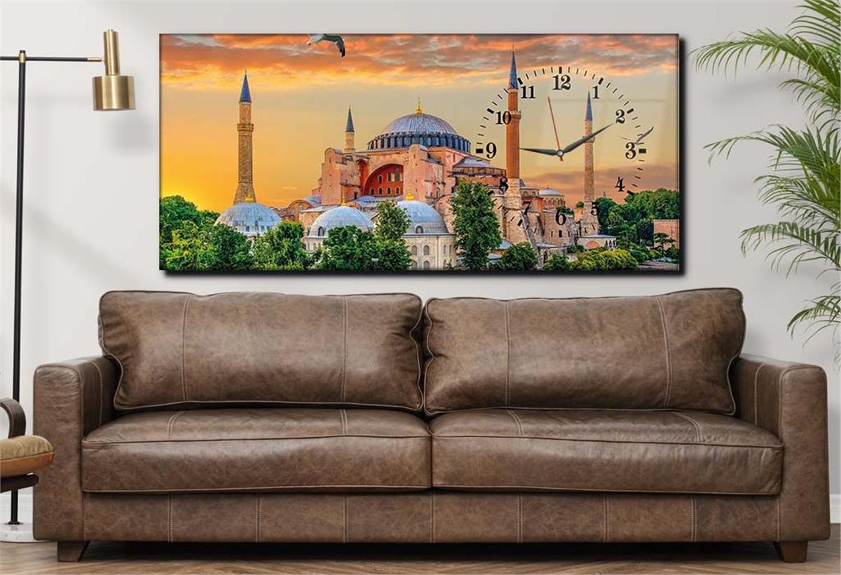Horizontal bedrucktes Glas mit Religionenthema und einer Uhr an der Seite 028