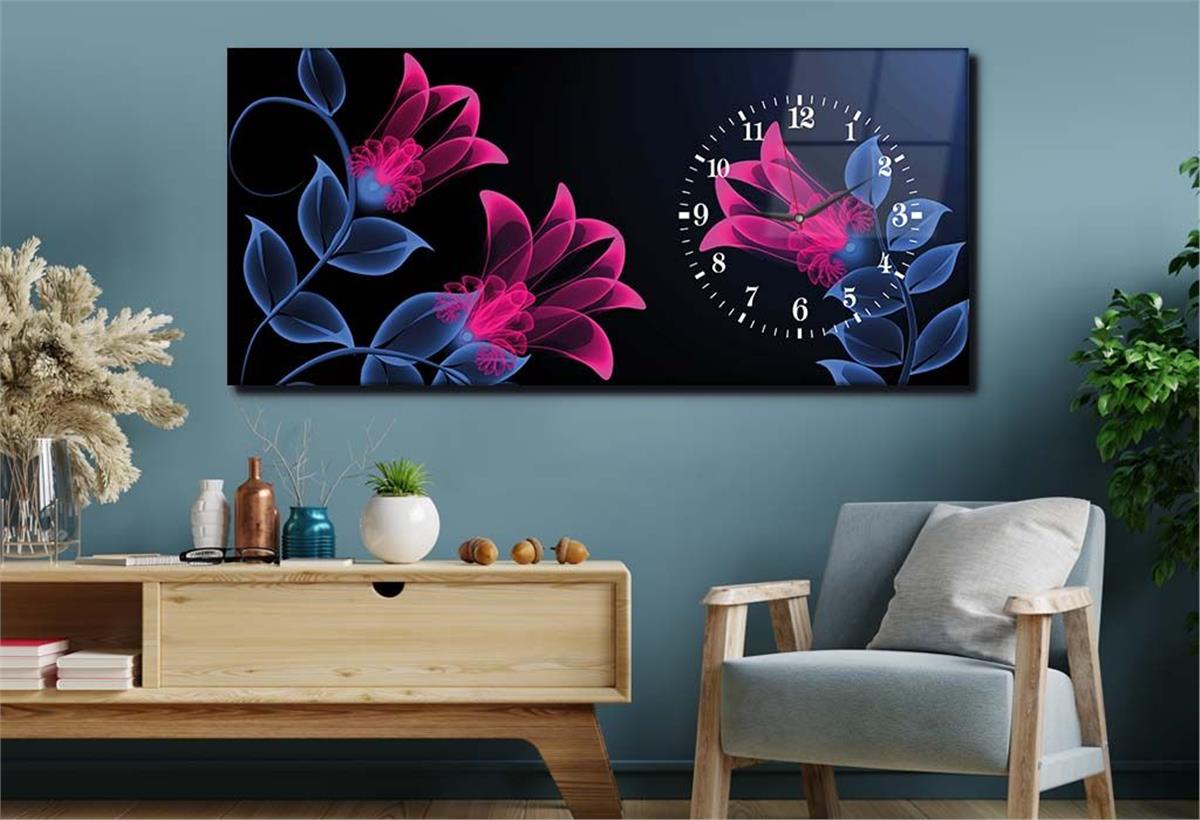 Horizontal bedrucktes Glas mit Kunst und Naturthema und einer Uhr an der Seite 082