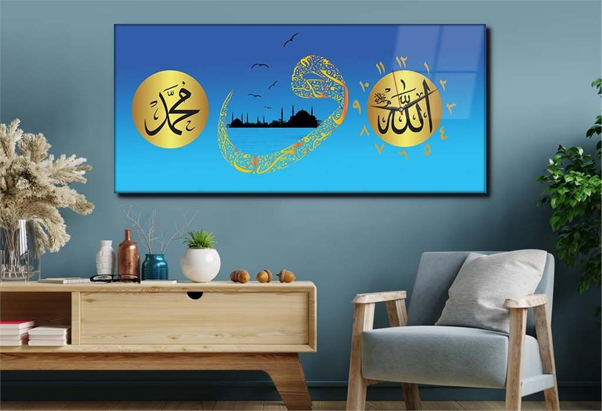 Horizontal bedrucktes Glas mit Religionenthema und einer Uhr an der Seite 004