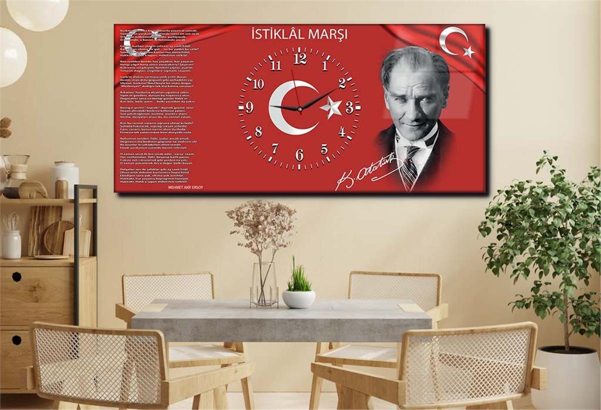 Yatay Ortadan Saatli  Vatan Temalı Cam Tablo 012