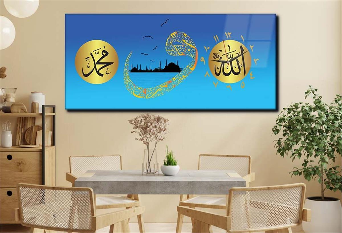 Horizontal bedrucktes Glas mit Religionenthema und einer Uhr an der Seite 004