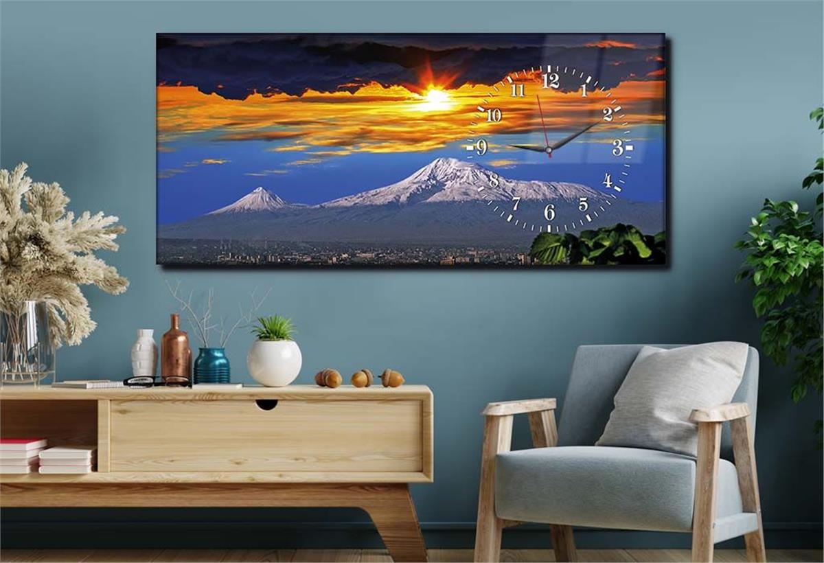 Yatay Saatli Yandan Sanat ve Doğa Temalı Cam Tablo 003