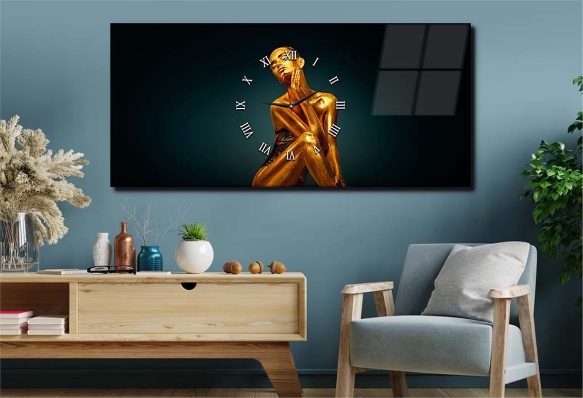 Yatay Ortadan Saatli  Sanat ve Doğa Temalı Cam Tablo 023