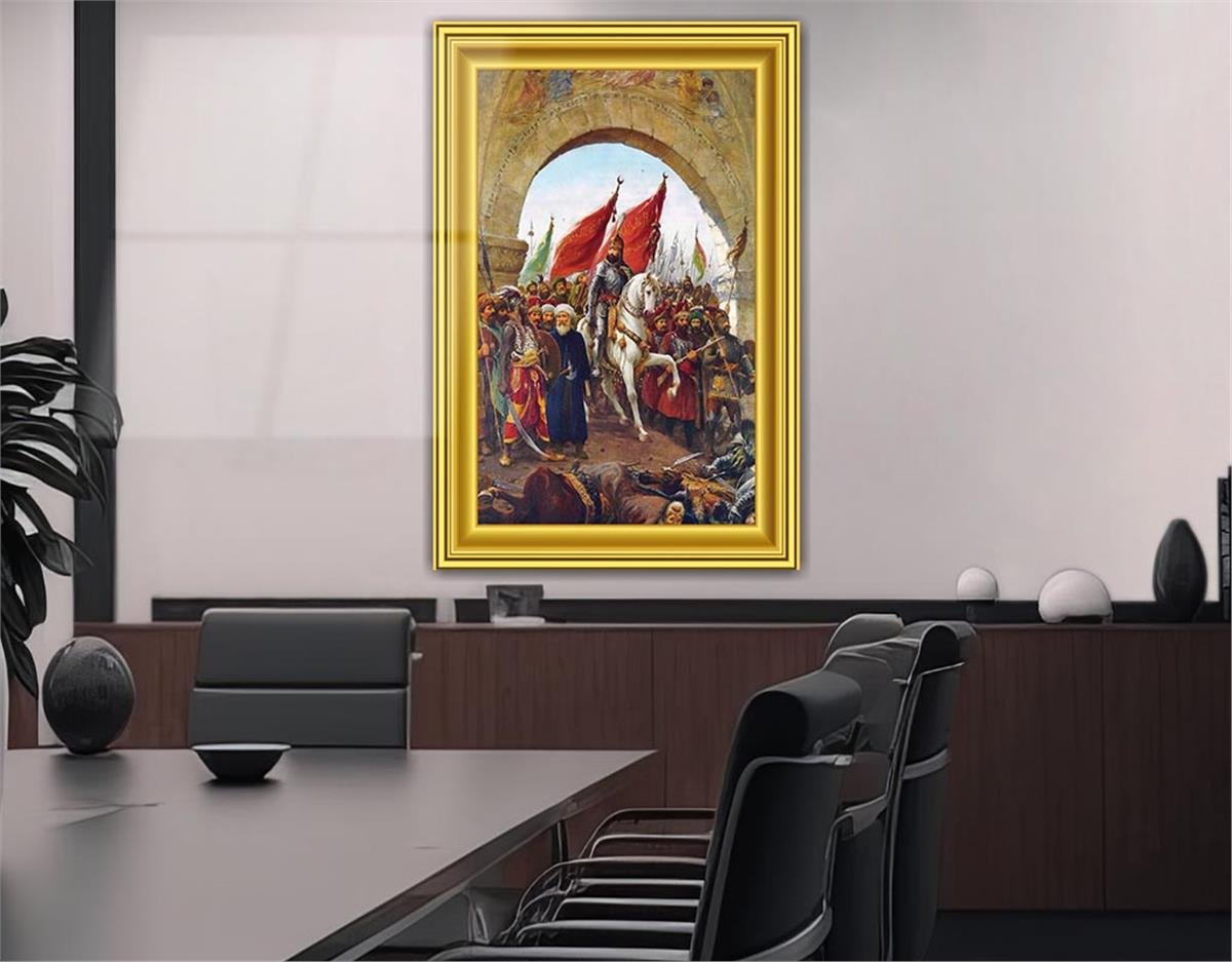 Glass Wall Art Depicting the Entry of Fatih Sultan Mehmet Han into Istanbul with Frame Visual
