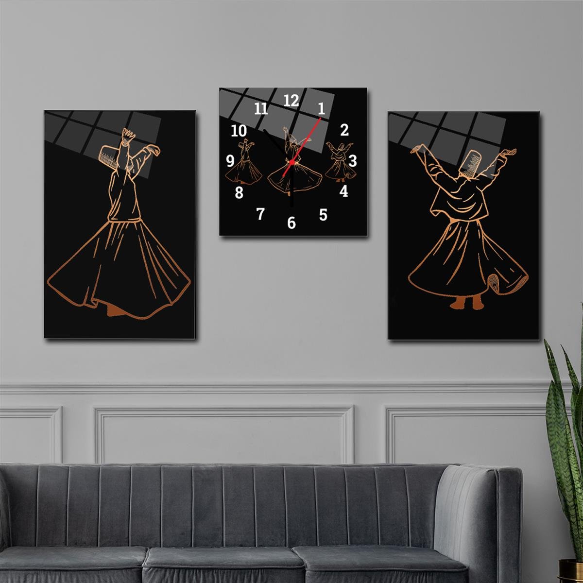 Wervelende derwisj thema Gehard Glasschilderij set met klok, glazen wanddrukklok set met Mevlevi Visual