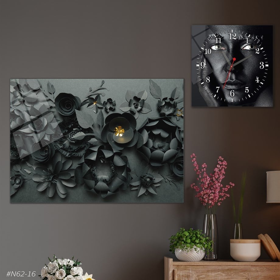 Sanat Temalı Cam Tablo Kare Cam Saat Seti
