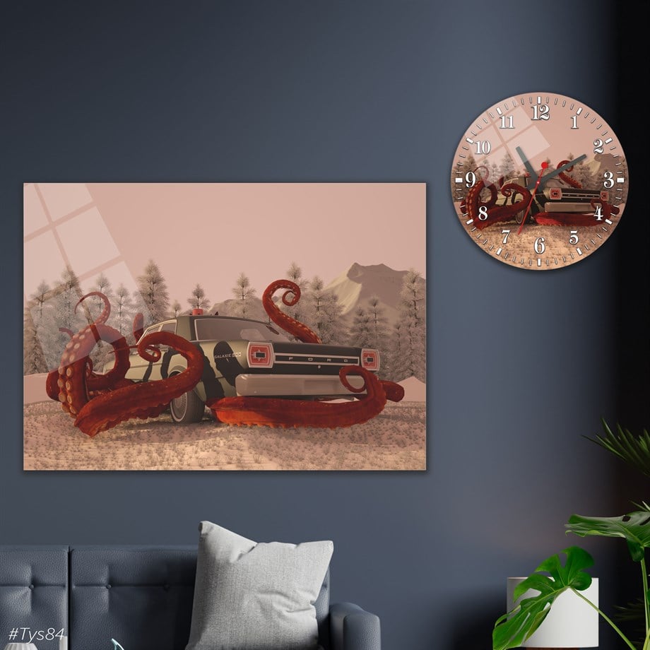 Sanat Temalı Cam Tablo Yuvarlak Cam Saat Seti