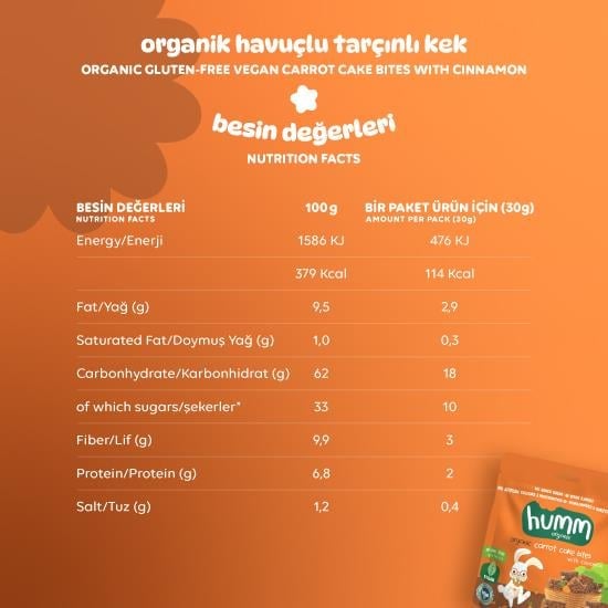 Organik Glutensiz Vegan Havuçlu ve Tarçınlı Kek Atıştırmalık Paketi - 3 adet