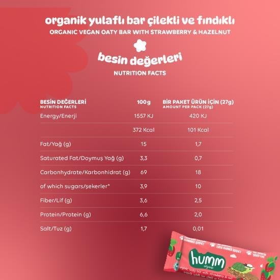 Organik Vegan Çilekli ve Fındıklı Yulaf Bar - 27g