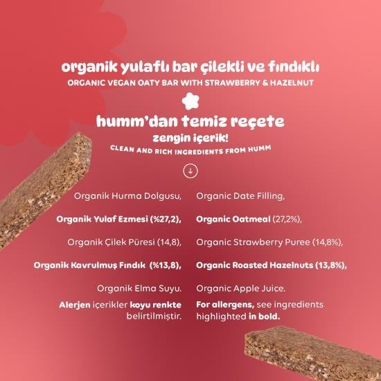 Organik Vegan Çilekli ve Fındıklı Yulaf Bar - 27g