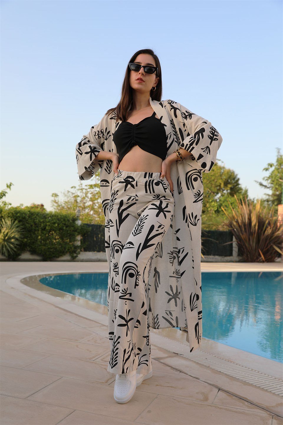 Baskılı Keten Bol Paça Pantolon - Siyah