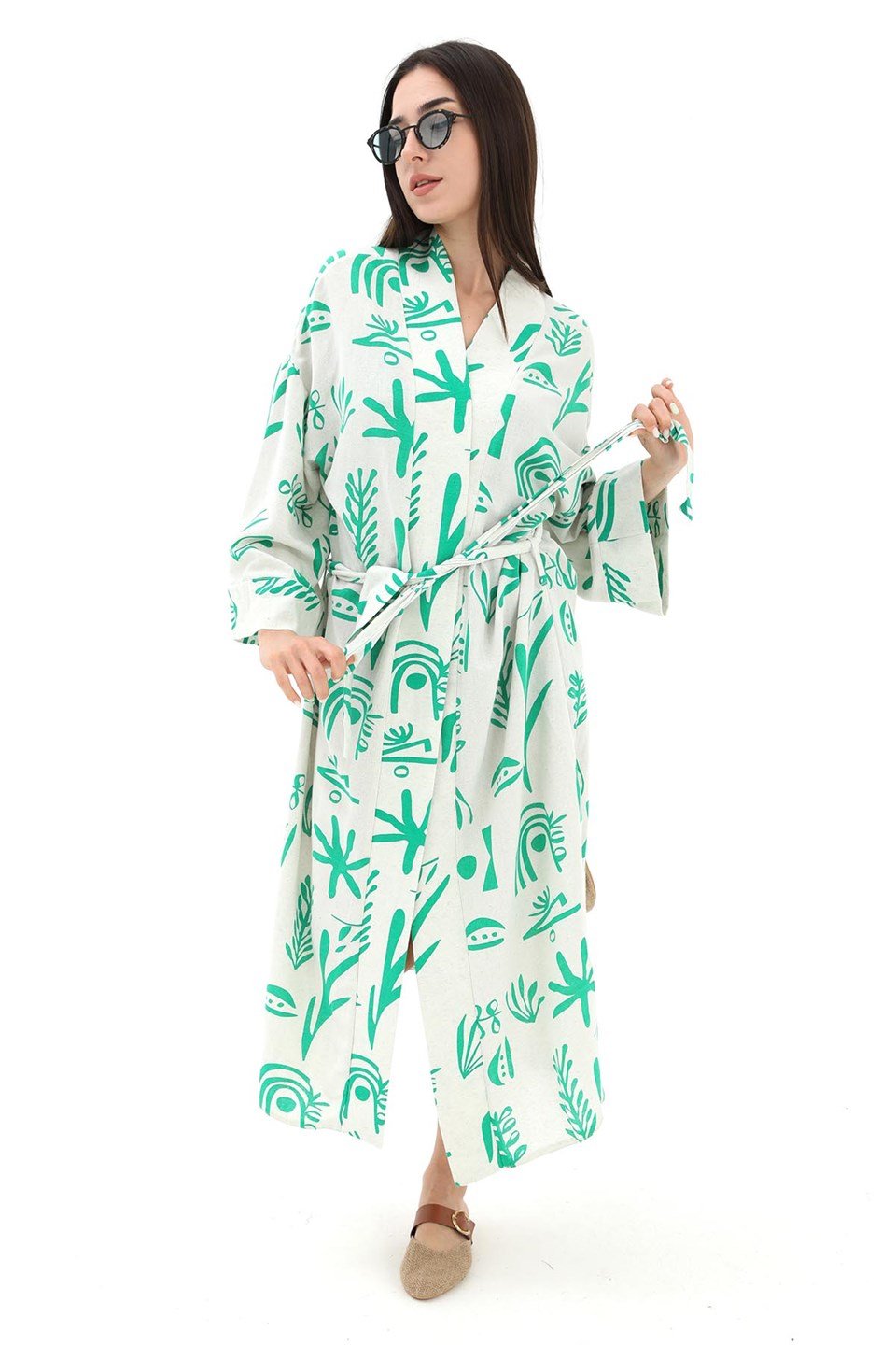 Baskılı Keten Kimono - Yeşil