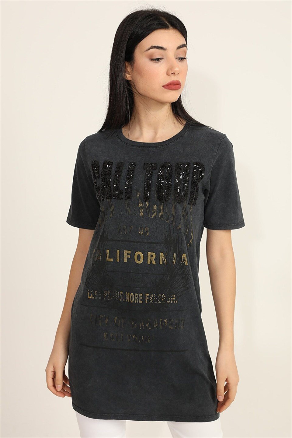 Bisiklet Yaka Asit Yıkama Pul İşlemeli Kadın Tunik T-shirt - Antrasit