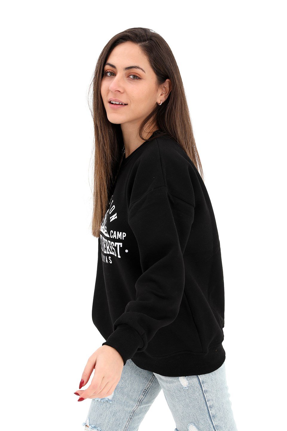 Bisiklet Yaka Baskılı Üç İplik Sweat - Siyah