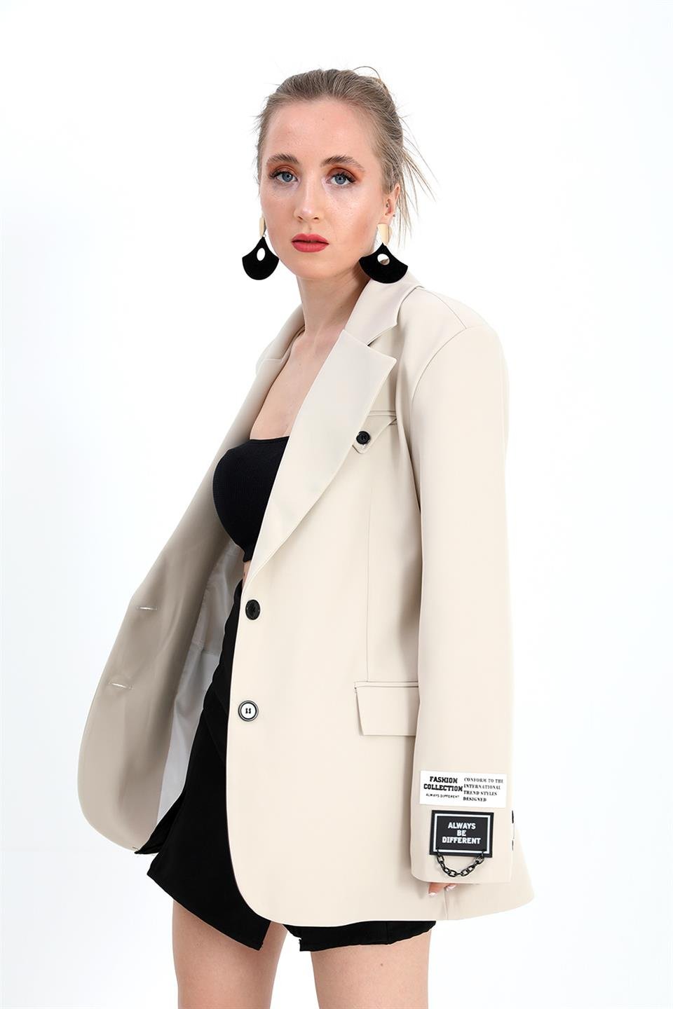 Blazer Ceket Kolu Arma Detaylı - Taş