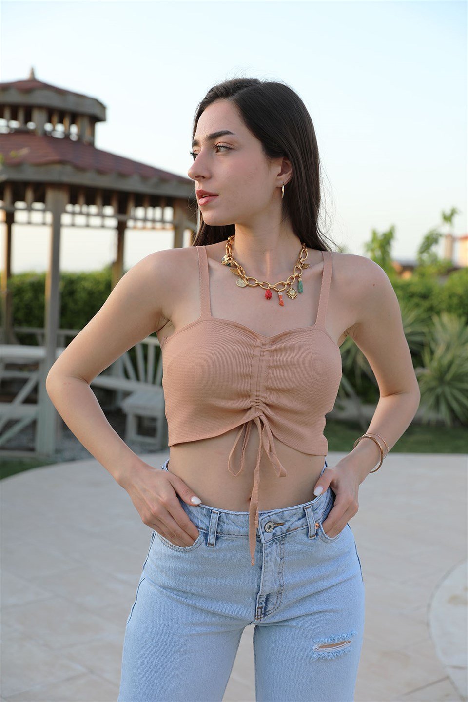 Büzgülü Triko Atlet - Camel