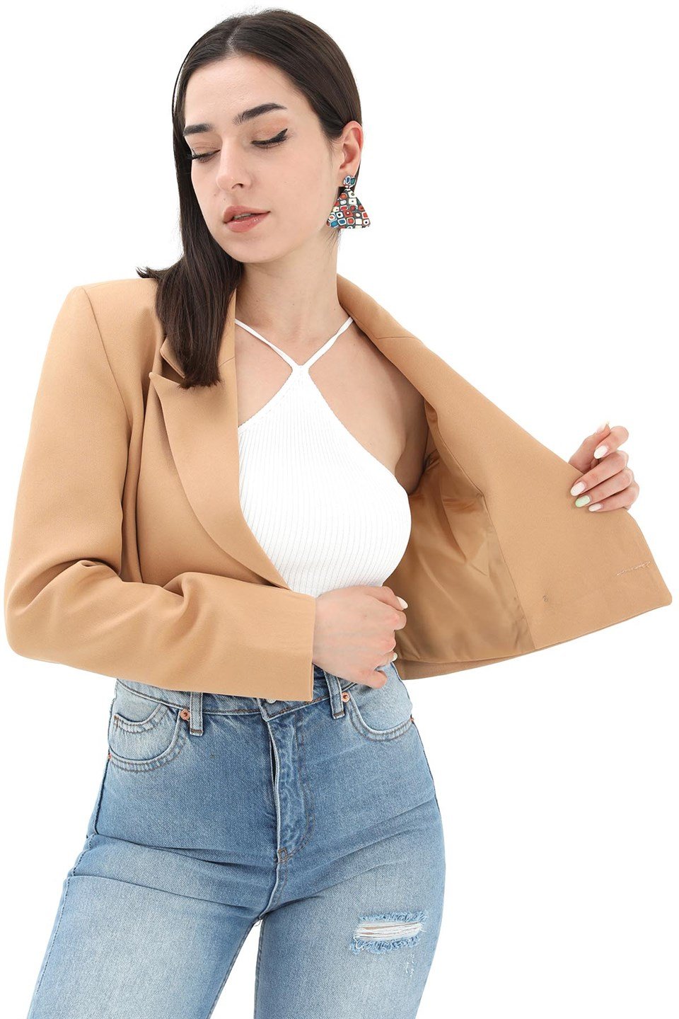 Crop Blazer Kısa Ceket - Camel