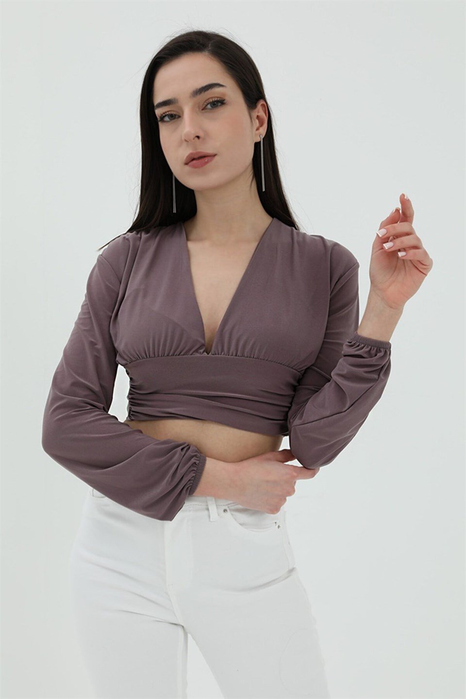 Derin V Yaka Crop Bluz - Mor