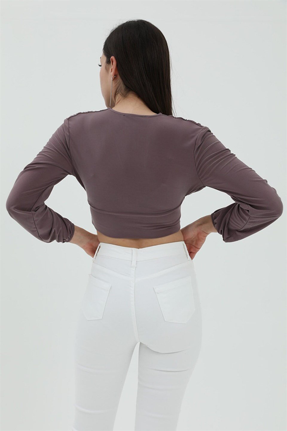 Derin V Yaka Crop Bluz - Mor