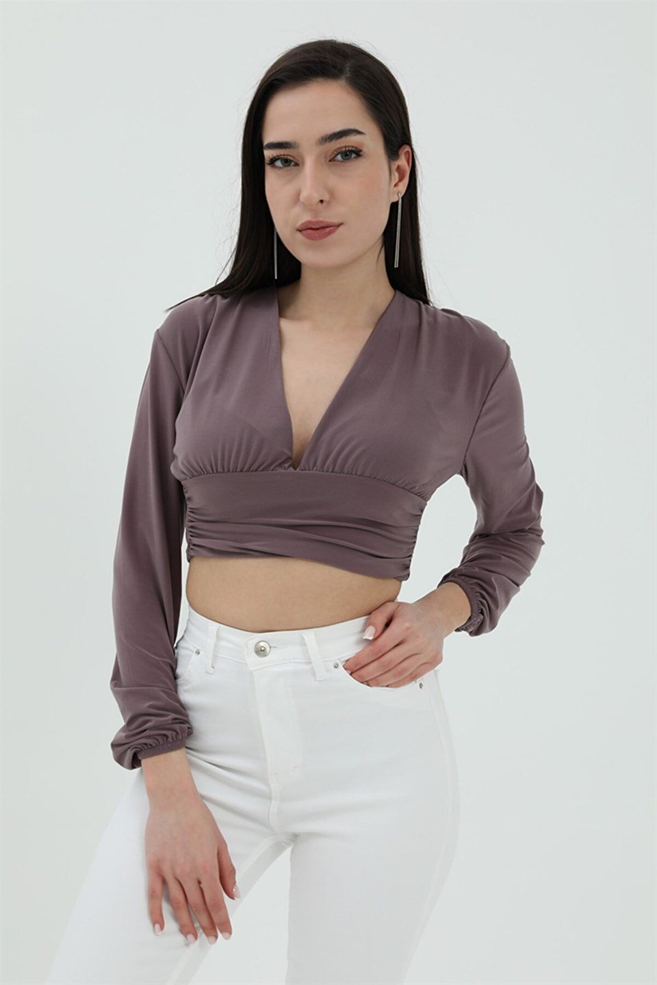 Derin V Yaka Crop Bluz - Mor