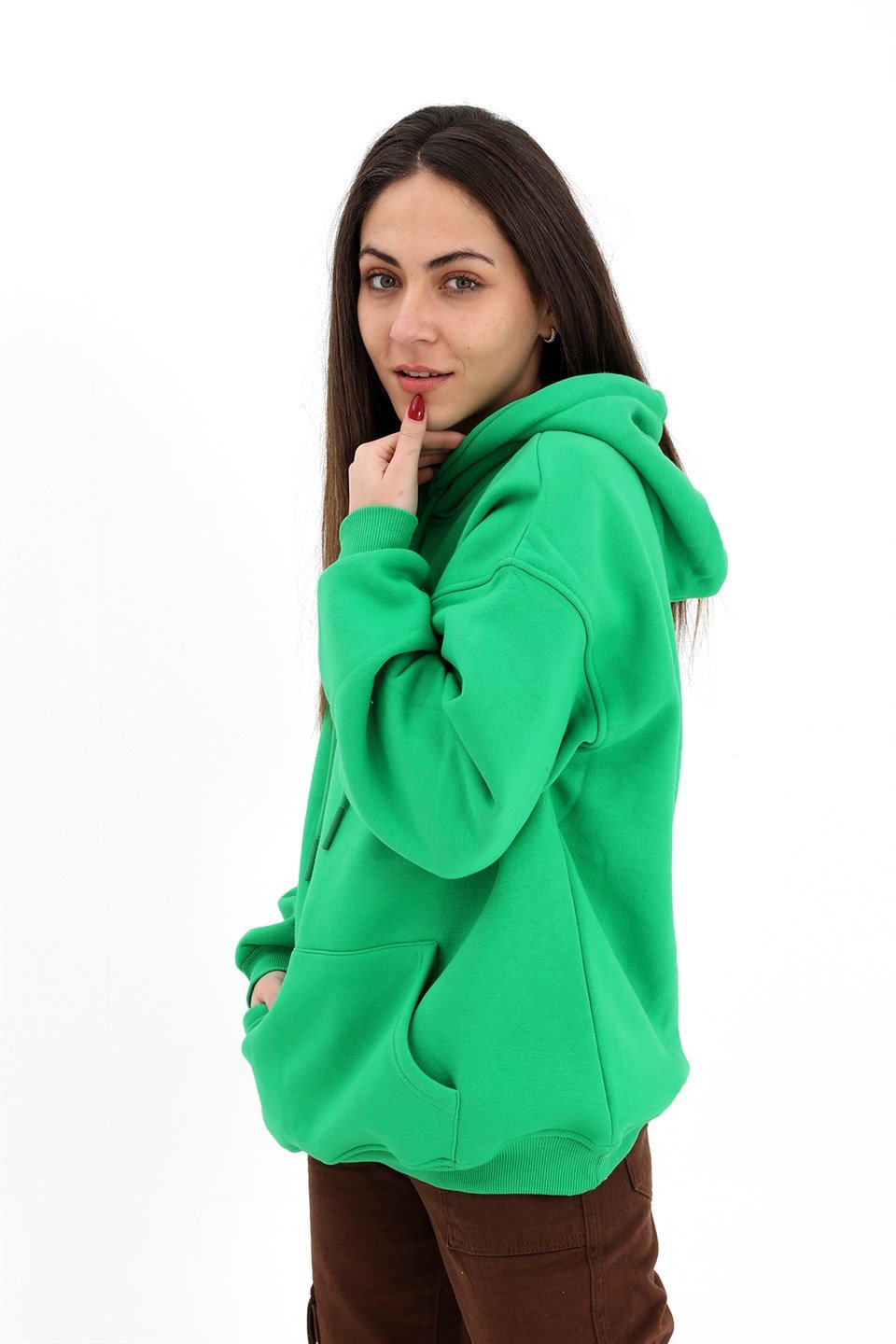 Kapüşonlu Kanguru Cepli Oversize Sweatshirt - Yeşil