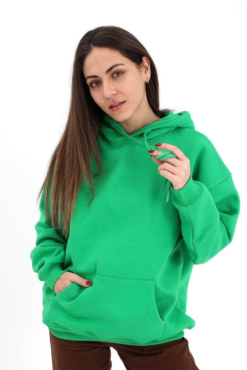 Kapüşonlu Kanguru Cepli Oversize Sweatshirt - Yeşil
