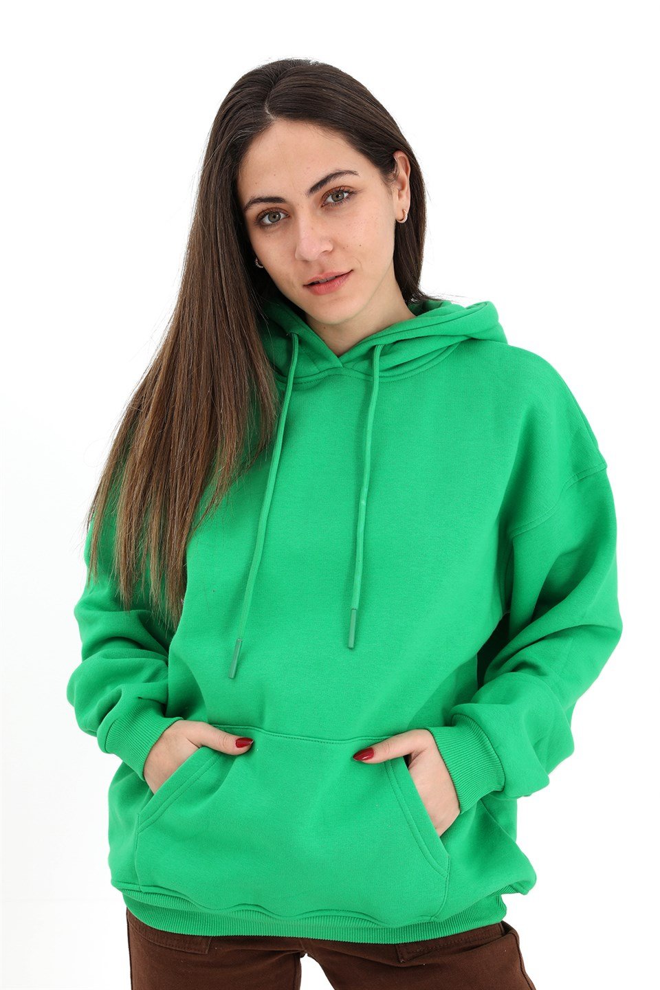 Kapüşonlu Kanguru Cepli Oversize Sweatshirt - Yeşil