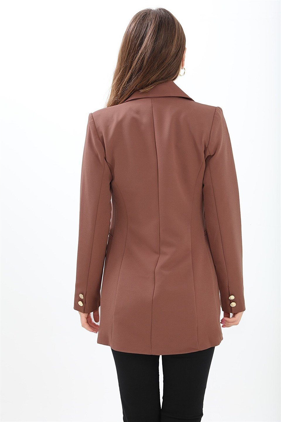 Omuzları Vatkalı Önü Çıtçıtlı Atlas Kumaş Kadın Blazer Ceket - Kahve