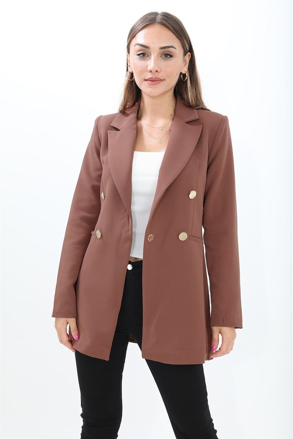 Omuzları Vatkalı Önü Çıtçıtlı Atlas Kumaş Kadın Blazer Ceket - Kahve