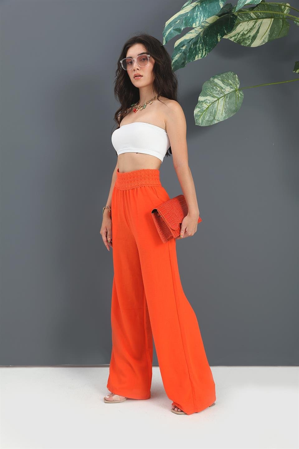 Pantolon Beli Örme Detaylı Bol Paça - Turuncu