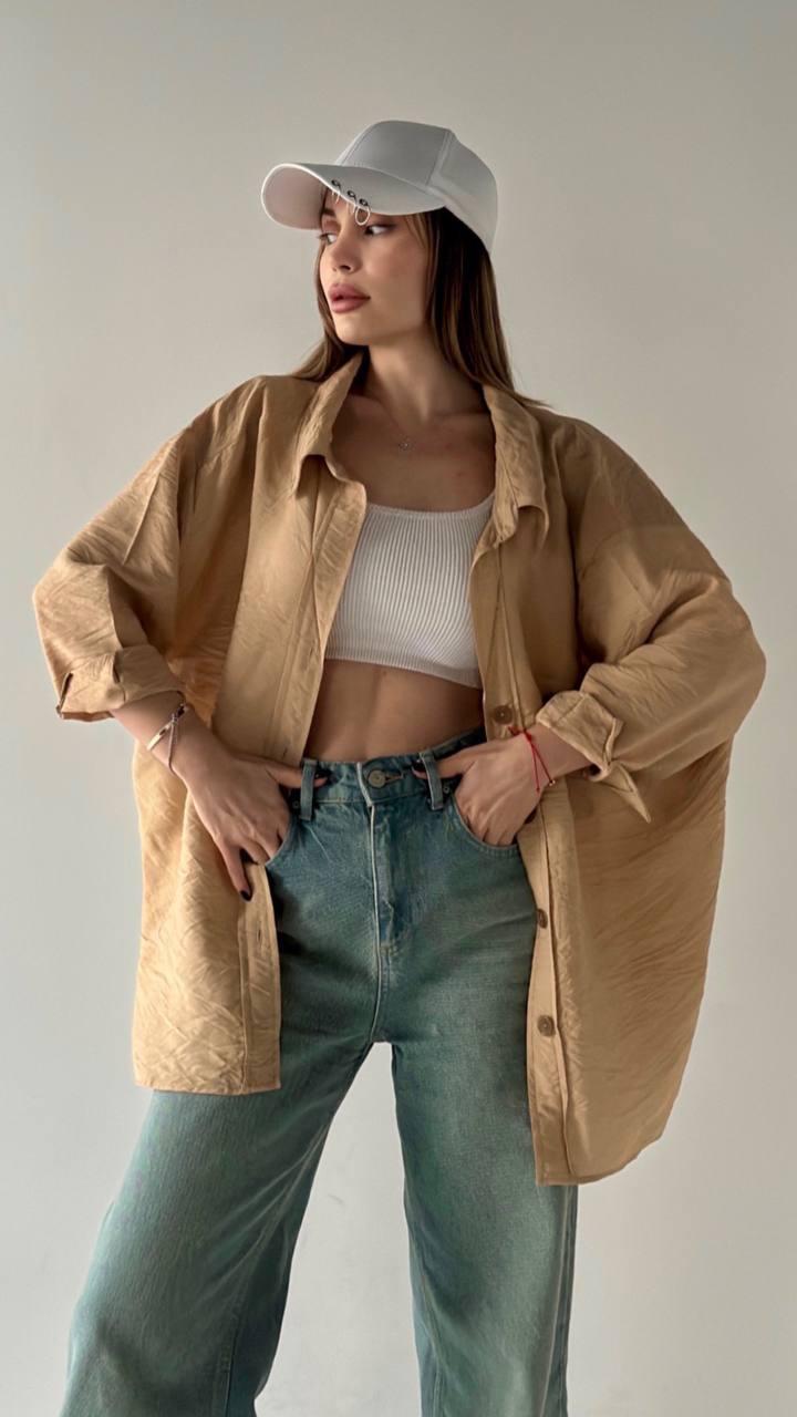Bambu kumaş tam oversize gömlek - Sütlü kahve 