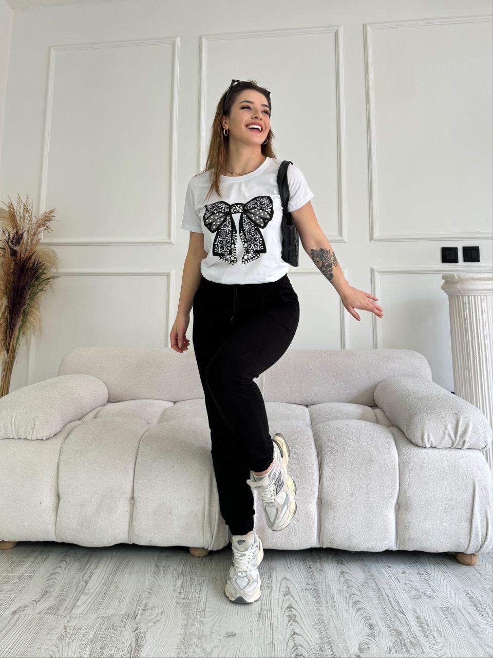 Kurdale detay inci taşlı pantolonu çimalı paça lastikli ikili takım - Siyah