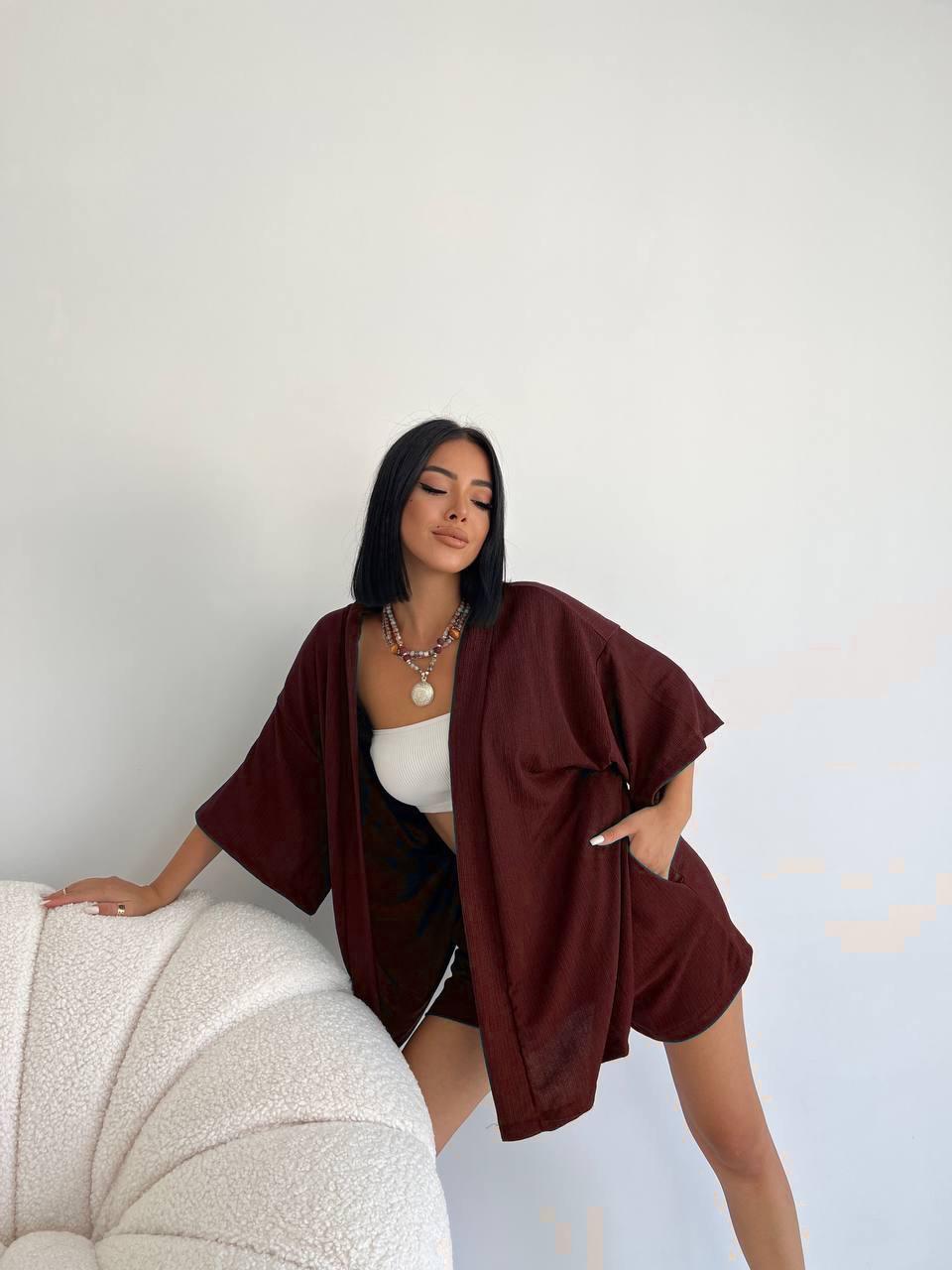 Şortlu kimono takım - Kahverengi 