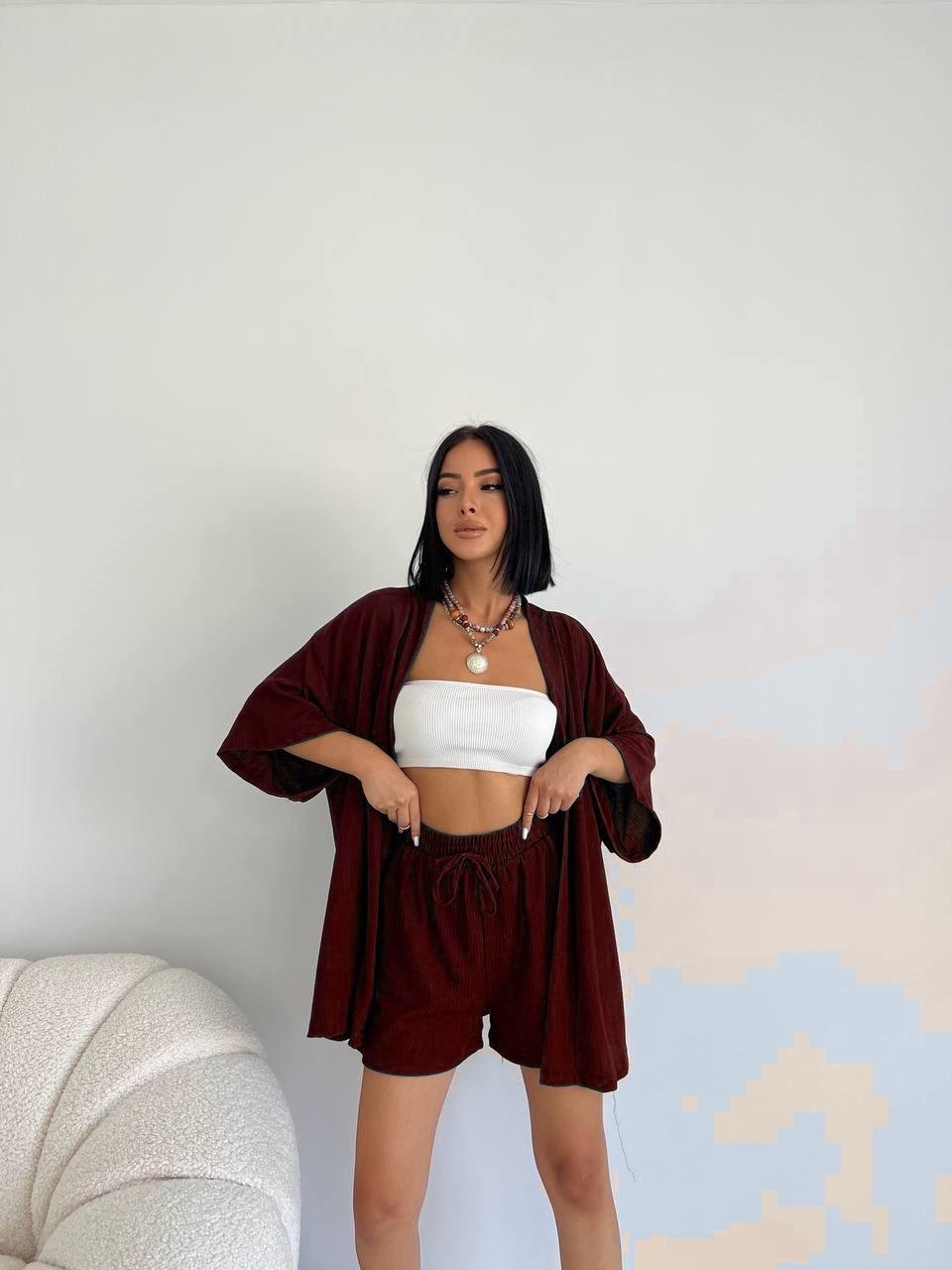 Şortlu kimono takım - Kahverengi 