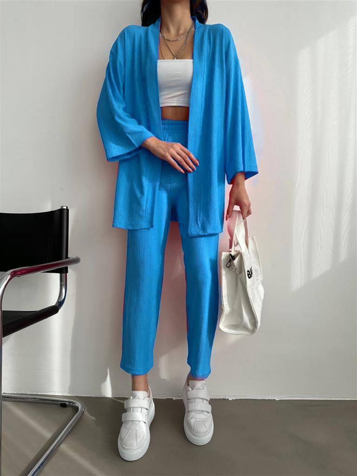 Yeni sezon gofre kumaş kimono takım - Mavi 