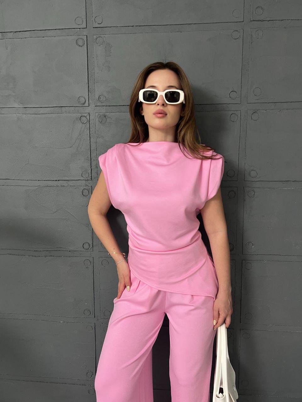 KOL VATKALI ASİMETRİK PEMBE OYSHO MODAL EŞOFMAN TAKIMI