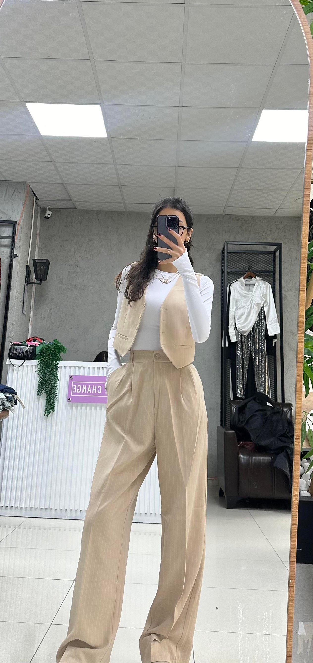 KREM ÇİZGİLİ YELEK PANTOLON TAKIM