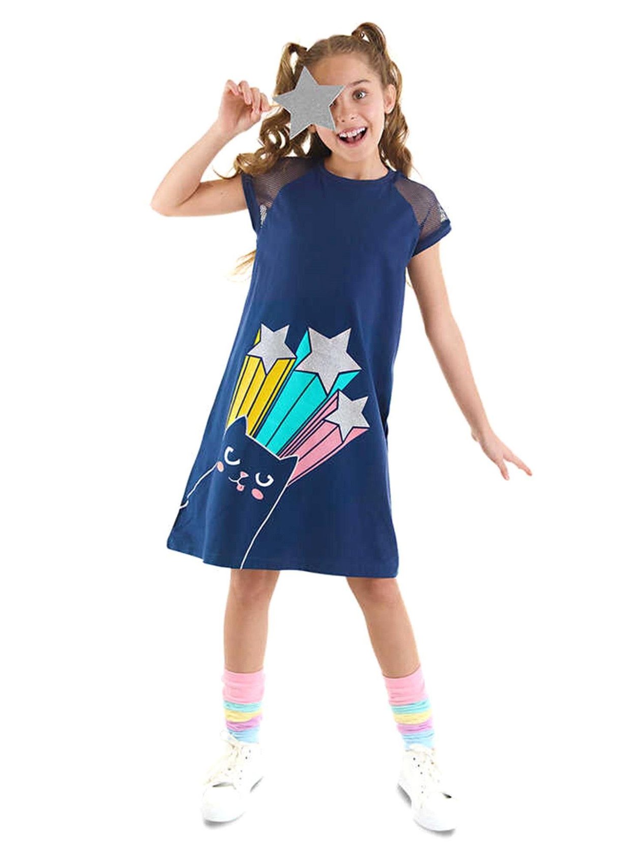 Denokids Kız Çocuk Bilmiş Kedi Elbise Lacivert MS-24Y1-038