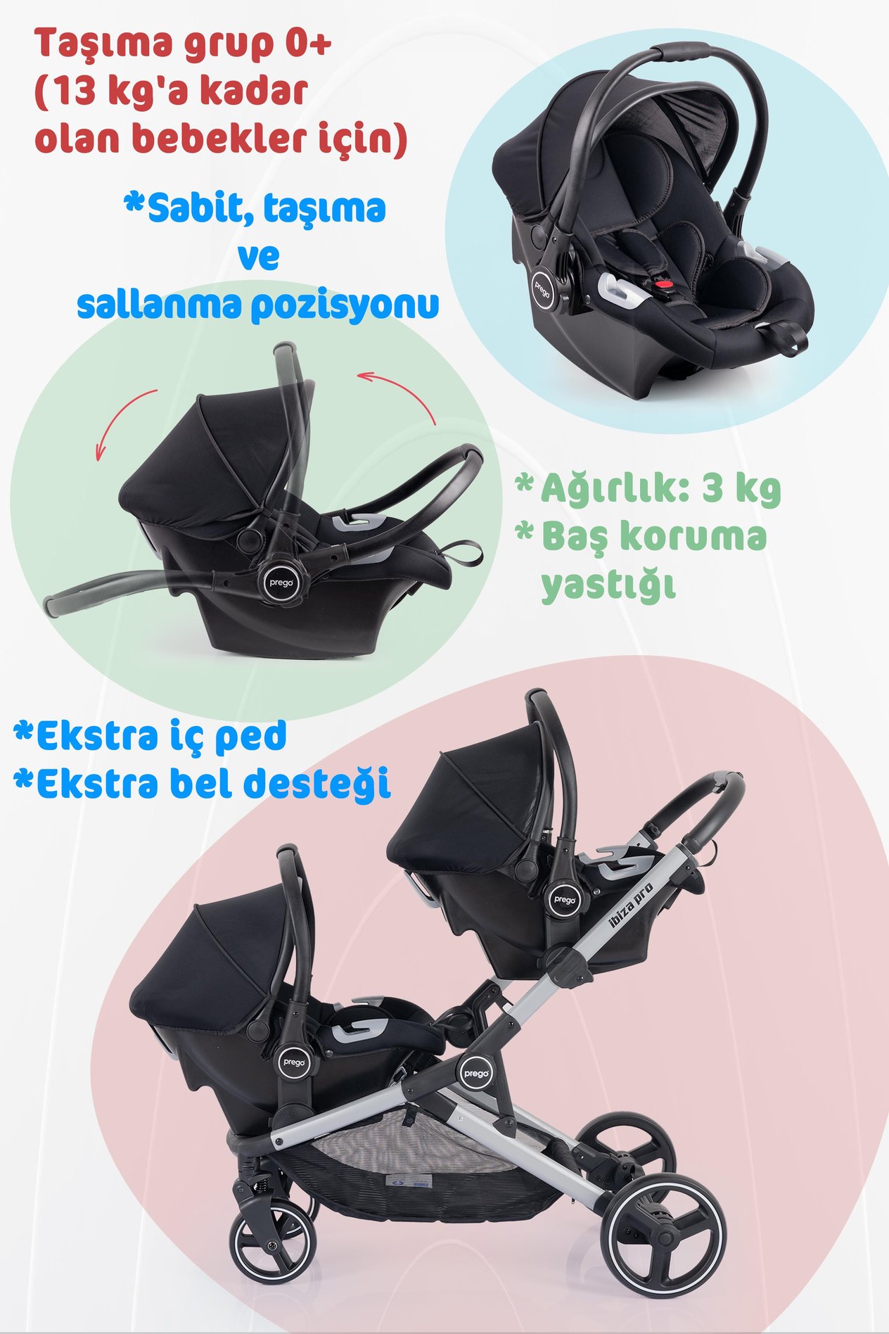 Prego 2071 İbiza Pro Travel Sistem İkiz Bebek Arabası