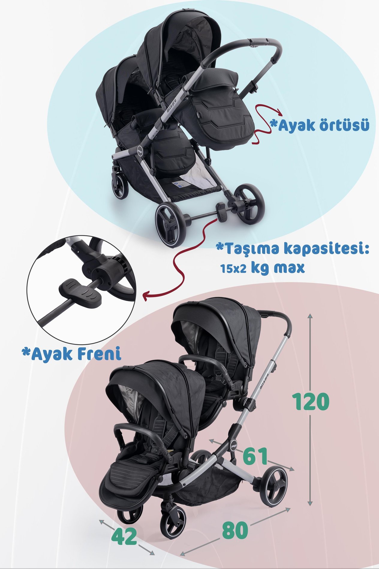 Prego 2071 İbiza Pro Travel Sistem İkiz Bebek Arabası