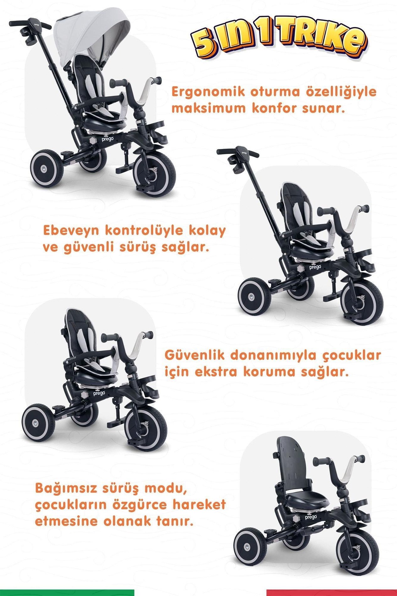 Prego Happy Dino Plus 360° Dönebilen Koltuklu Tamamen Katlanabilir Çocuk Bisikleti Gri P670