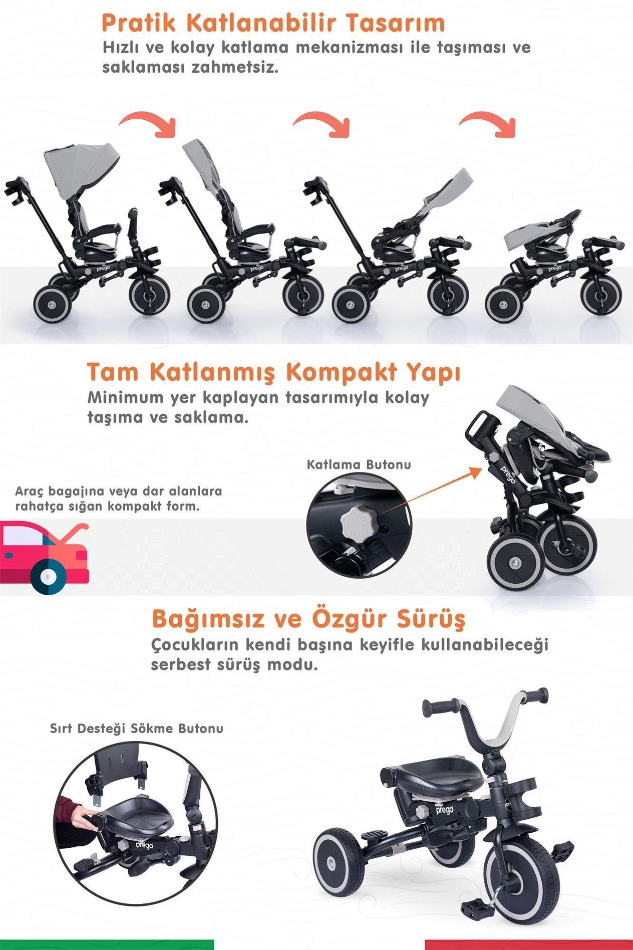 Prego Happy Dino Plus 360° Dönebilen Koltuklu Tamamen Katlanabilir Çocuk Bisikleti Gri P670
