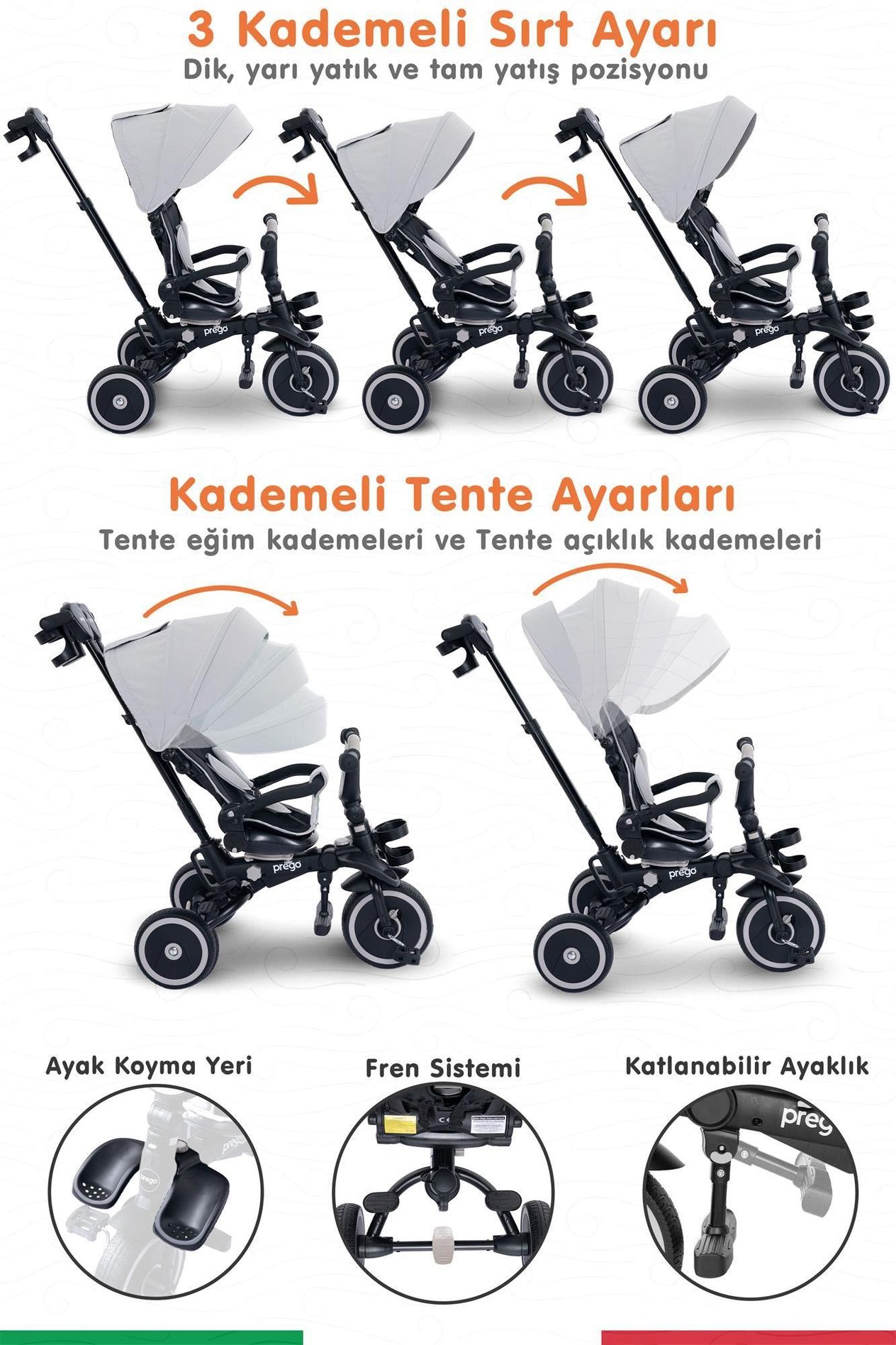 Prego Happy Dino Plus 360° Dönebilen Koltuklu Tamamen Katlanabilir Çocuk Bisikleti Gri P670